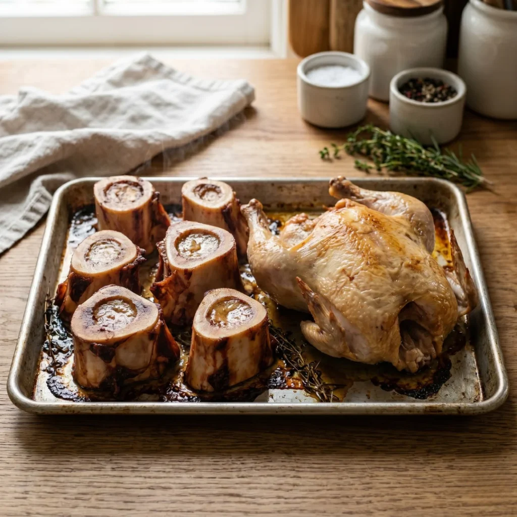 Assadeira com ossos dourados após 30 minutos no forno, com bordas caramelizadas