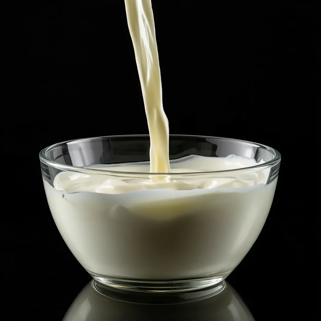 Creme de leite pasteurizado despejado em tigela de vidro transparente
