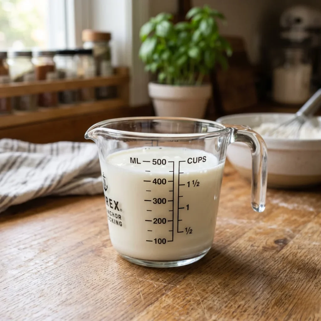 Líquido esbranquiçado (buttermilk) em copo medidor de vidro