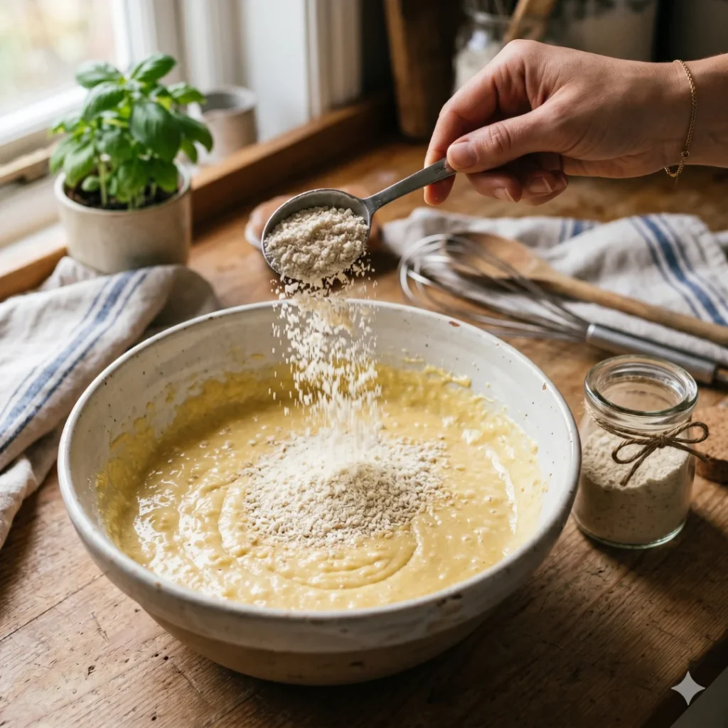 Mão despejando colher de farinha de casca de ovo em tigela com massa de bolo