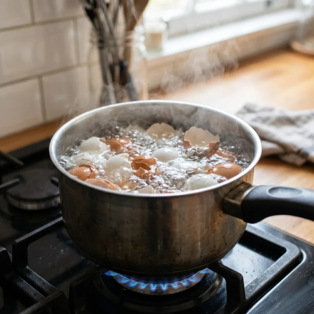 Panela com água fervente e cascas de ovo borbulhando para eliminar bactérias
