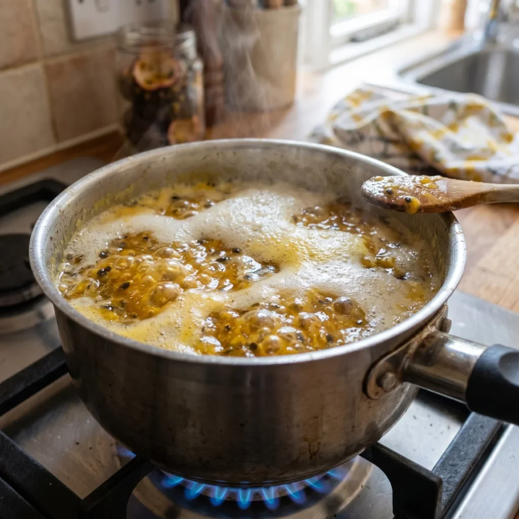 Panela de aço com geleia de maracujá borbulhando, formando espuma na superfície
